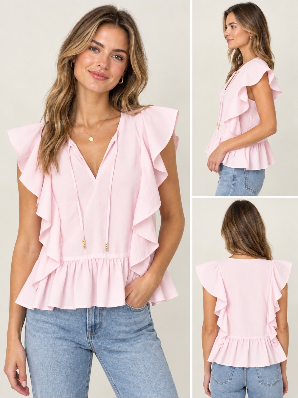 Marie Oliver Light Pink Ruffle Peplum Blouse